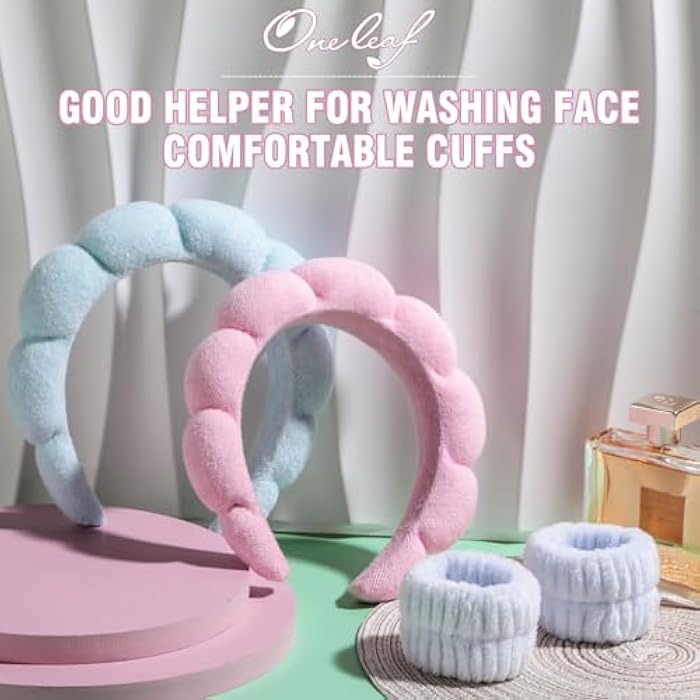 oneleaf Spa Facial Headband Sponge Makeup Headband Girls Washing Face Skincare Padded Soft Microfiber Spa Wrist Washband Ladies Spa Hair Wraps Headbands for Shower Makeup Bath-Blue&Pink - Image 2